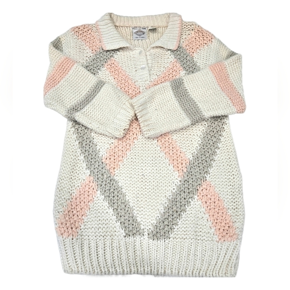 ✨2/$25 Helium Vintage Hand Knitted Women Cream Pink Gray Collared Baggy Sweater
